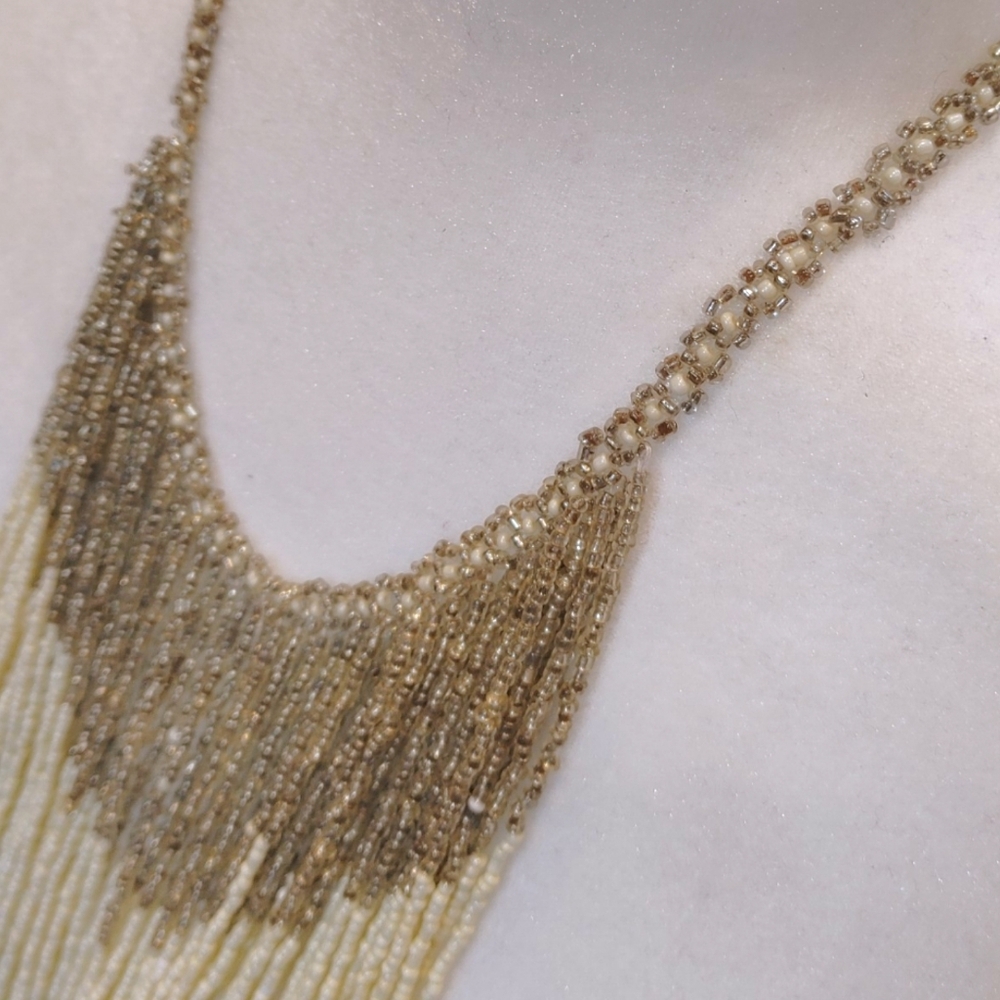 Chico's Beaded Fringe Beige Gold Large Bib Statement Necklace Fashion Jewelry - Picture 6 of 7